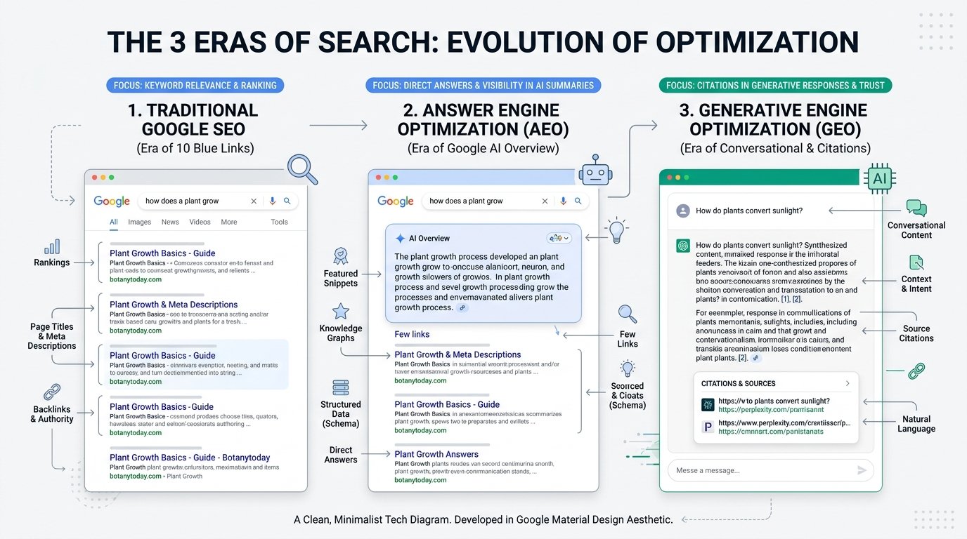 The 3 Eras of Search: Evolution from Traditional SEO to Answer Engine Optimization (AEO) and Generative Engine Optimization (GEO)